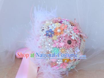 Top Grade Wedding Bridal Bouquet Hand Pink Beads Ball Tied Bouquet Flowers for Women