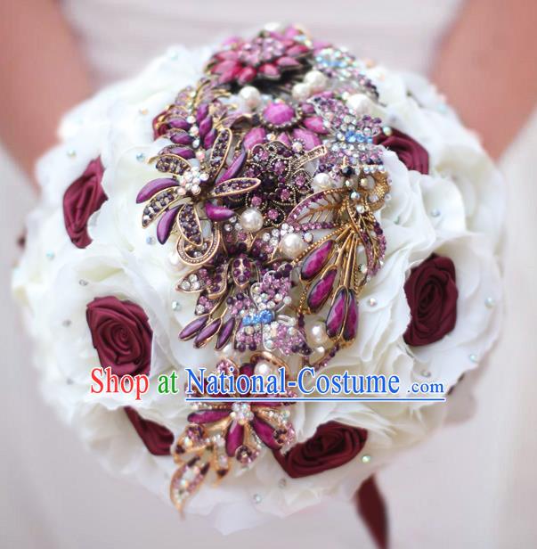 Top Grade Wedding Bridal Bouquet Hand Purple Crystal Roses Ball Tied Bouquet Flowers for Women