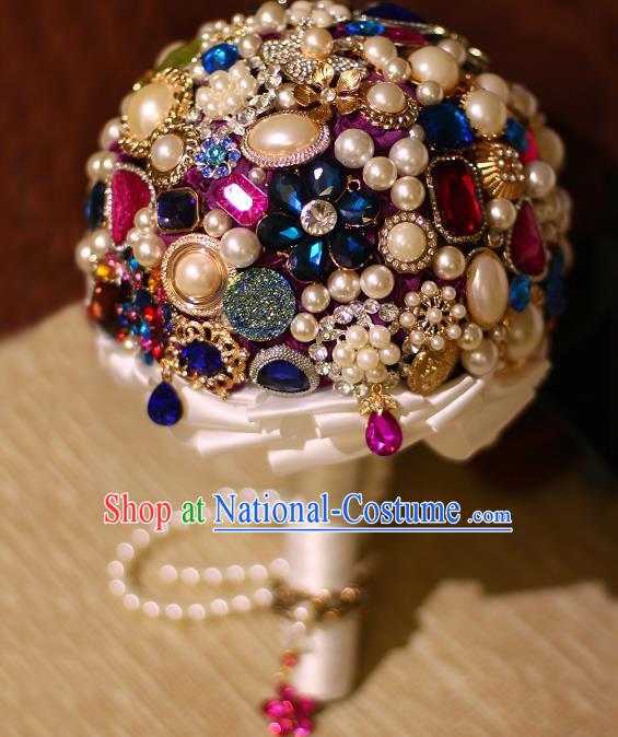 Top Grade Wedding Bridal Bouquet Hand Crystal Pearls Ball Tied Bouquet Flowers for Women