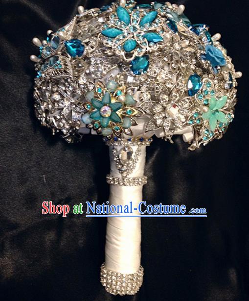 Top Grade Wedding Bridal Bouquet Hand Blue Crystal Ball Tied Bouquet Flowers for Women