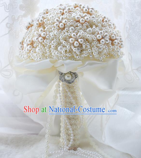 Chinese Traditional Wedding Bridal Bouquet White Pearls Flowers Bunch for Women