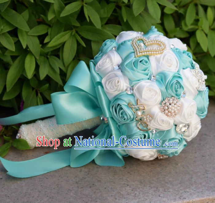 Chinese Traditional Wedding Bridal Bouquet Blue and White Rose Flowers Bunch for Women