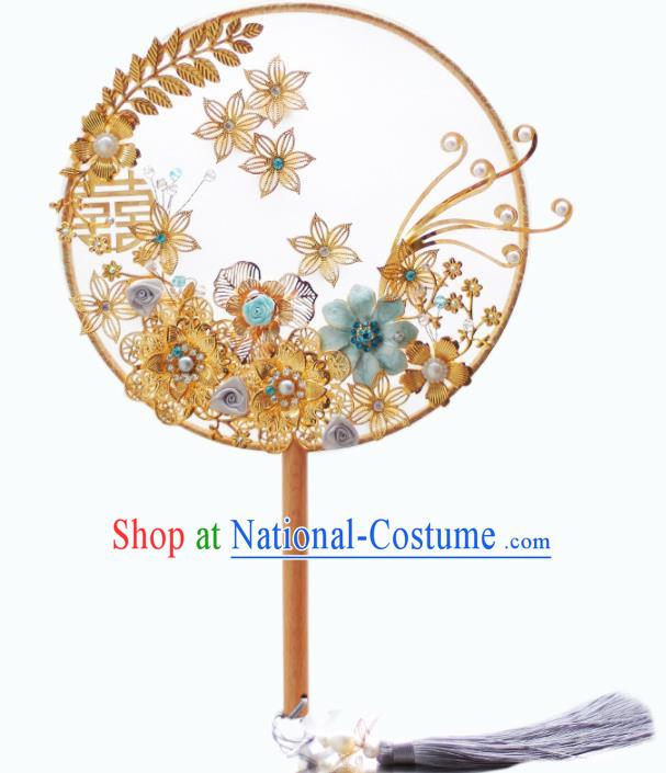 Chinese Traditional Wedding Round Fans Classical Bride Golden Palace Fan for Women