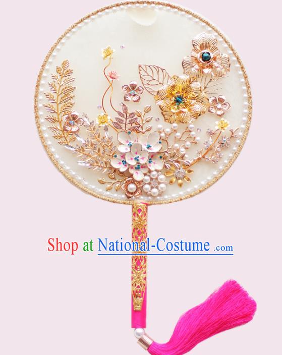 Chinese Traditional Wedding Round Fans Classical Bride Golden Flower Palace Fan for Women