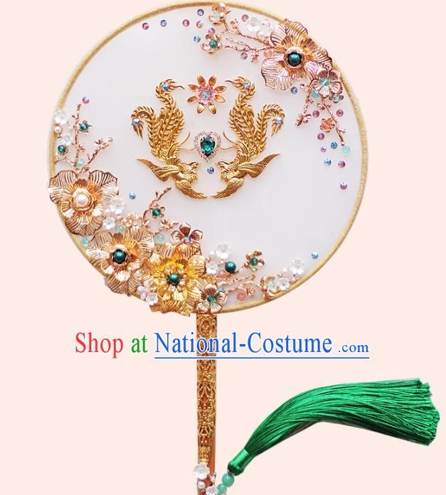 Chinese Traditional Wedding Round Fans Classical Bride Golden Phoenix Palace Fan for Women