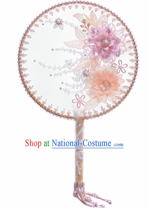 Chinese Traditional Wedding Round Fans Classical Bride Pink Flower Palace Fan for Women