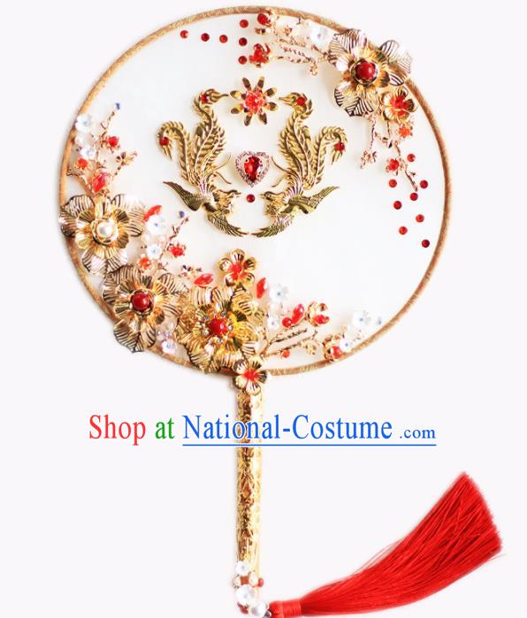 Chinese Traditional Wedding Round Fans Classical Bride Red Crystal Golden Phoenix Palace Fan for Women