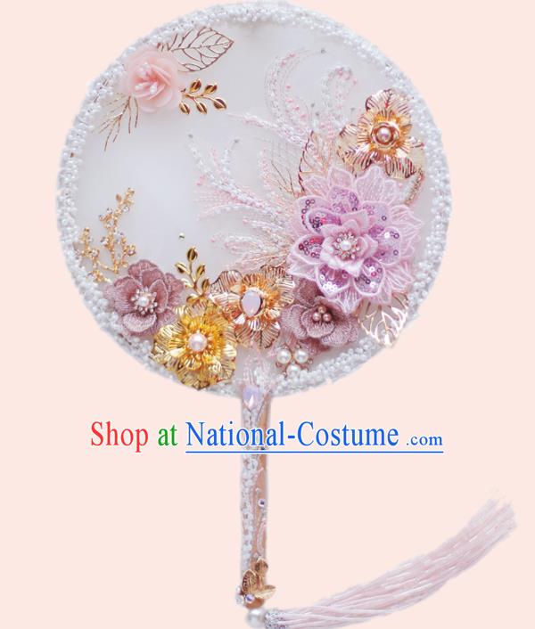 Chinese Traditional Wedding Round Fans Classical Bride Lace Flower Palace Fan for Women