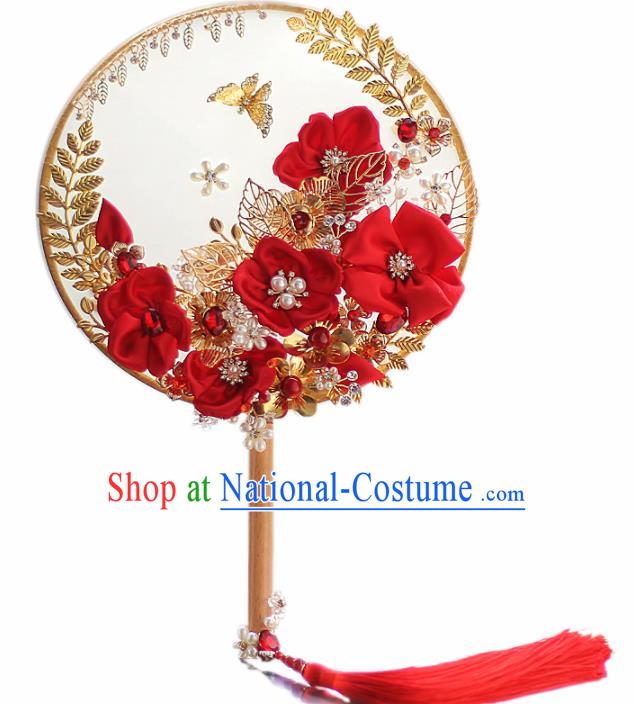 Chinese Traditional Wedding Round Fans Classical Bride Red Silk Flowers Palace Fan for Women