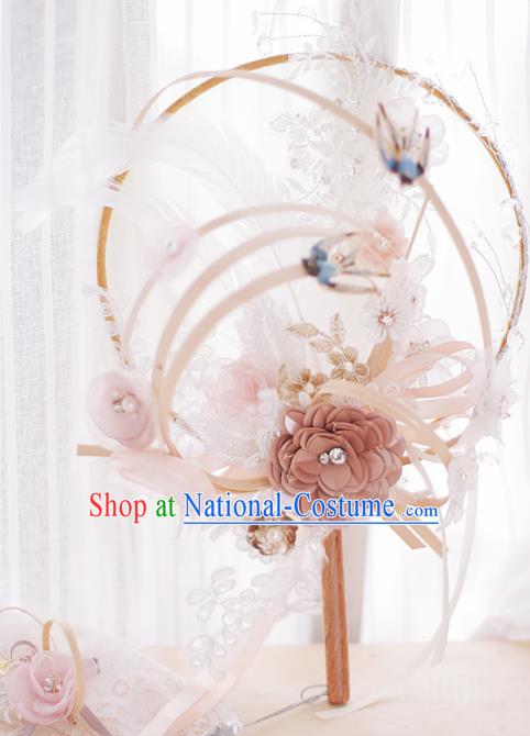 Chinese Traditional Wedding Round Fans Classical Bride Lace Flowers Palace Fan for Women