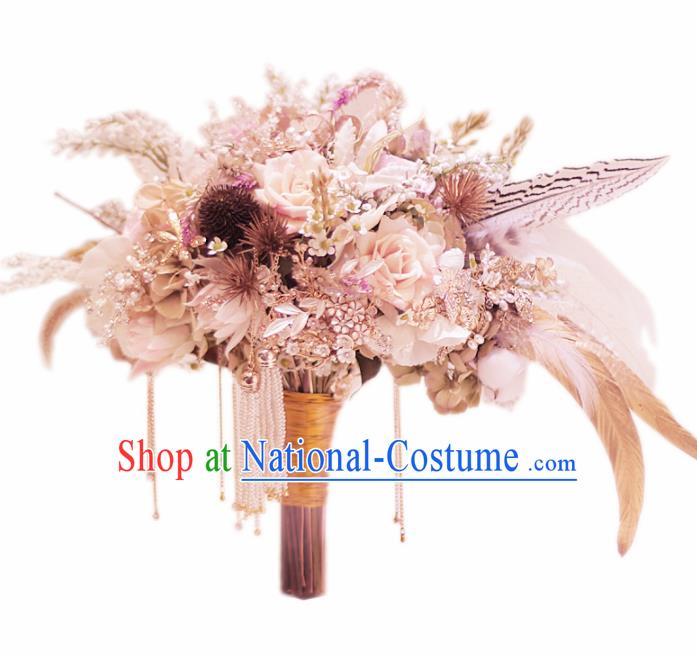 Chinese Traditional Wedding Bridal Bouquet Hand Purple Flowers Feather Bunch for Women