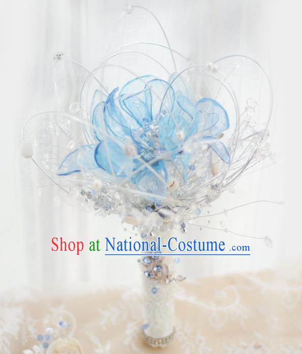 Chinese Traditional Wedding Bridal Bouquet Hand Crystal Blue Flowers Bunch for Women