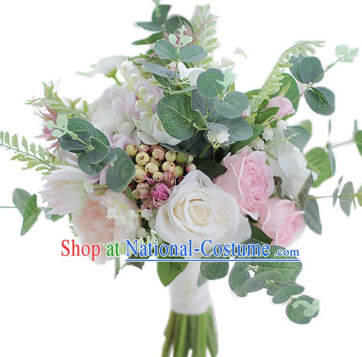 Top Grade Wedding Bridal Bouquet Hand White Rose Flowers Bunch for Women