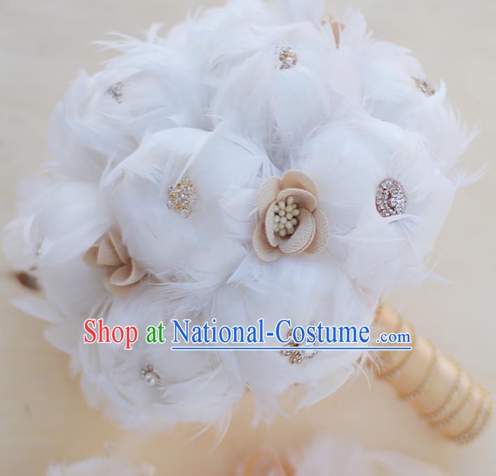 Top Grade Wedding Bridal Bouquet Hand White Feather Flowers Bunch for Women