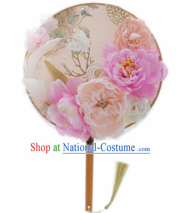 Chinese Traditional Wedding Round Fans Classical Bride Pink Peony Palace Fan for Women