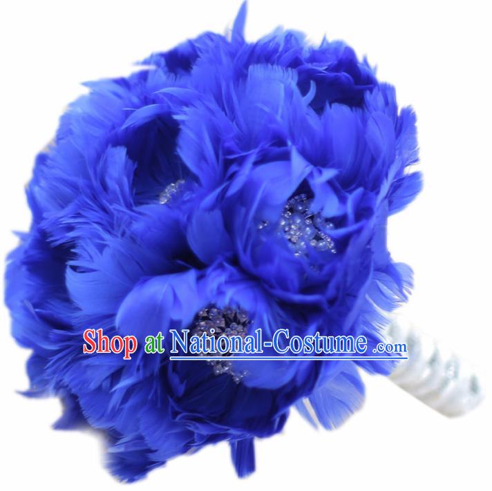 Top Grade Wedding Bridal Bouquet Hand Royalblue Feather Flowers Bunch for Women