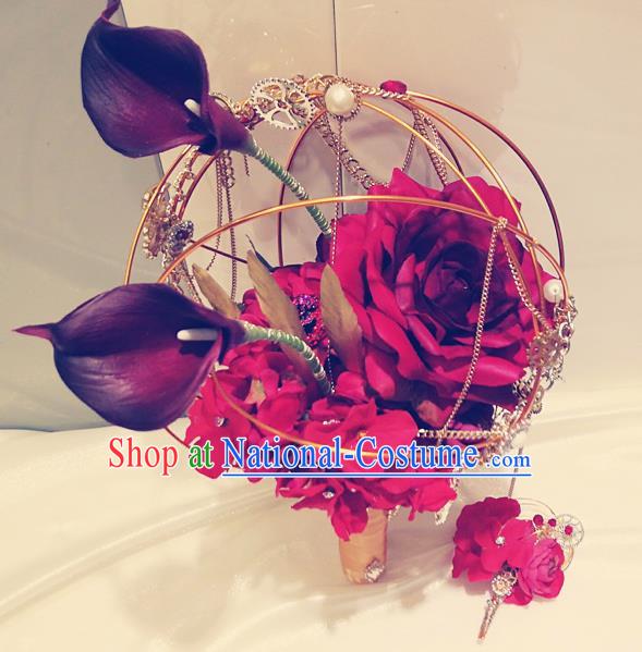 Top Grade Wedding Bridal Bouquet Hand Red Peony Flowers Bunch for Women