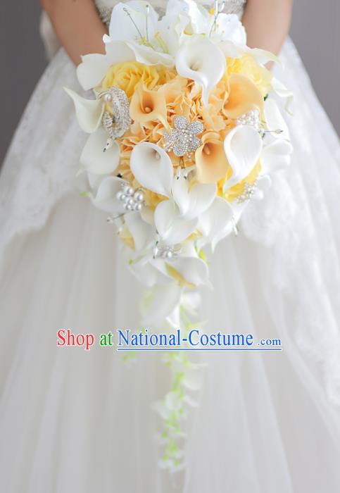 Top Grade Wedding Bridal Bouquet Hand Yellow Roses Common Callalily Bunch for Women