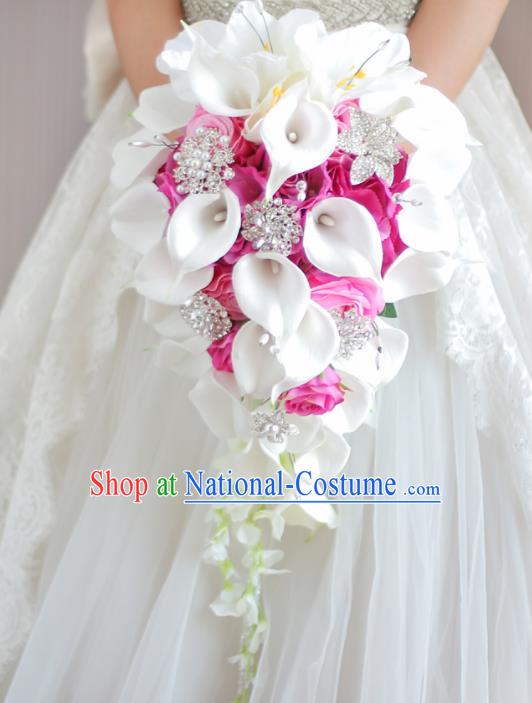 Top Grade Wedding Bridal Bouquet Hand Pink Roses Common Callalily Bunch for Women