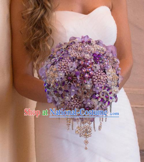 Top Grade Wedding Bridal Bouquet Hand Purple Flowers Beads Bunch for Women