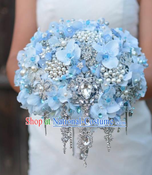 Top Grade Wedding Bridal Bouquet Hand Blue Flowers Beads Bunch for Women