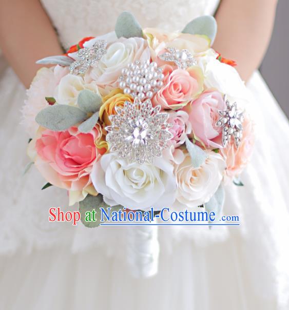 Top Grade Wedding Bridal Bouquet Hand White and Pink Rose Flowers Bunch for Women