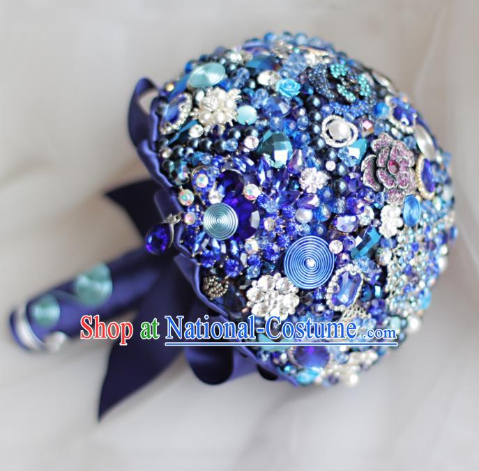 Top Grade Wedding Bridal Bouquet Hand Blue Crystal Flowers Bunch for Women