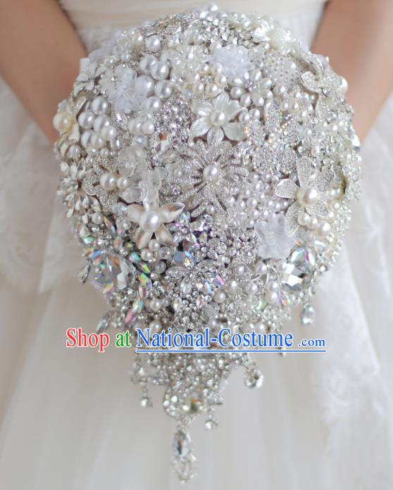 Top Grade Wedding Bridal Bouquet Hand Blue Crystal Beads Bunch for Women