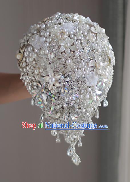 Top Grade Wedding Bridal Bouquet Hand Blue Crystal Beads Bunch for Women