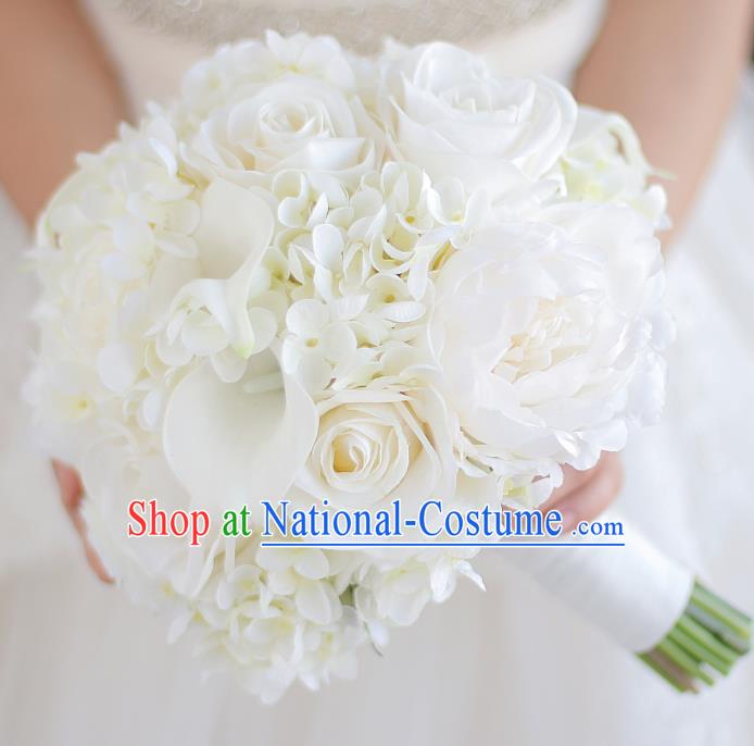 Top Grade Wedding Bridal Bouquet Hand White Rose Flowers Bunch for Women