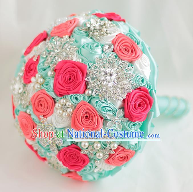 Top Grade Wedding Bridal Bouquet Hand Crystal Rose Flowers Bunch for Women