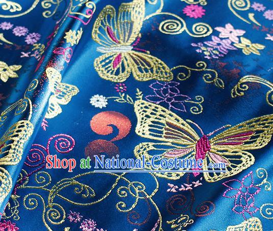 Asian Chinese Royal Butterfly Pattern Blue Brocade Fabric Traditional Silk Fabric Tang Suit Material