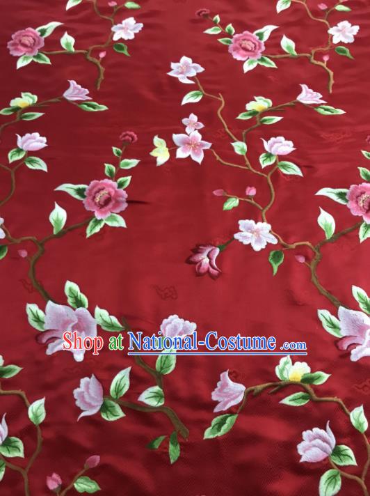 Asian Chinese Royal Embroidered Flowers Pattern Red Brocade Fabric Traditional Cheongsam Silk Fabric Material