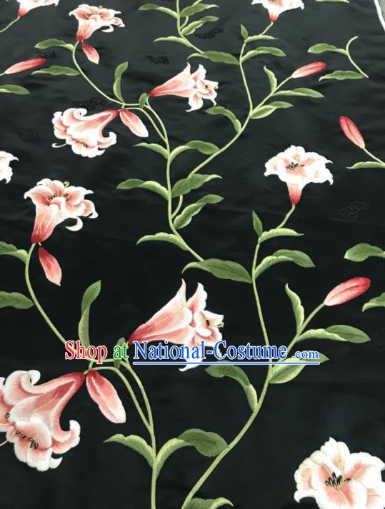 Asian Chinese Embroidered Greenish Lily Flower Pattern Black Brocade Fabric Traditional Cheongsam Silk Fabric Material