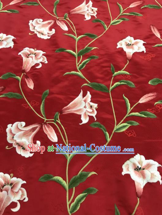 Asian Chinese Embroidered Greenish Lily Flower Pattern Red Brocade Fabric Traditional Cheongsam Silk Fabric Material