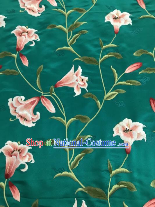 Asian Chinese Embroidered Greenish Lily Flower Pattern Green Brocade Fabric Traditional Cheongsam Silk Fabric Material