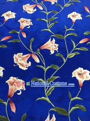 Asian Chinese Embroidered Greenish Lily Flower Pattern Royalblue Brocade Fabric Traditional Cheongsam Silk Fabric Material