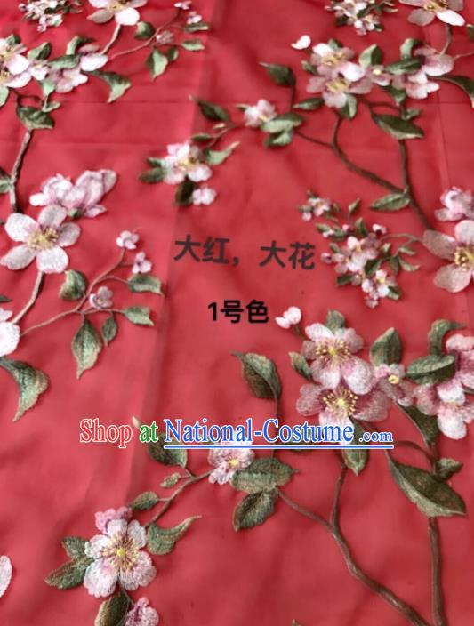 Asian Chinese Embroidered Peach Blossom Pattern Red Silk Fabric Material Traditional Cheongsam Brocade Fabric