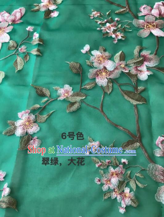 Asian Chinese Embroidered Peach Blossom Pattern Green Silk Fabric Material Traditional Cheongsam Brocade Fabric