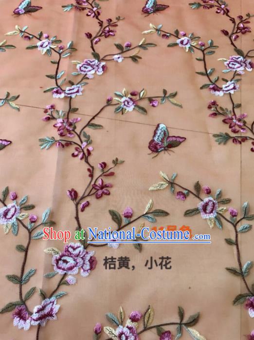 Asian Chinese Embroidered Peach Flowers Pattern Orange Silk Fabric Material Traditional Cheongsam Brocade Fabric