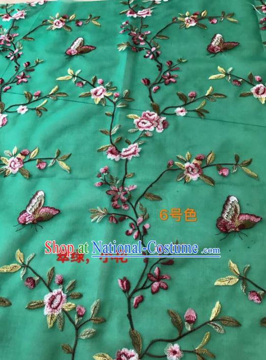 Asian Chinese Embroidered Peach Flowers Pattern Green Silk Fabric Material Traditional Cheongsam Brocade Fabric