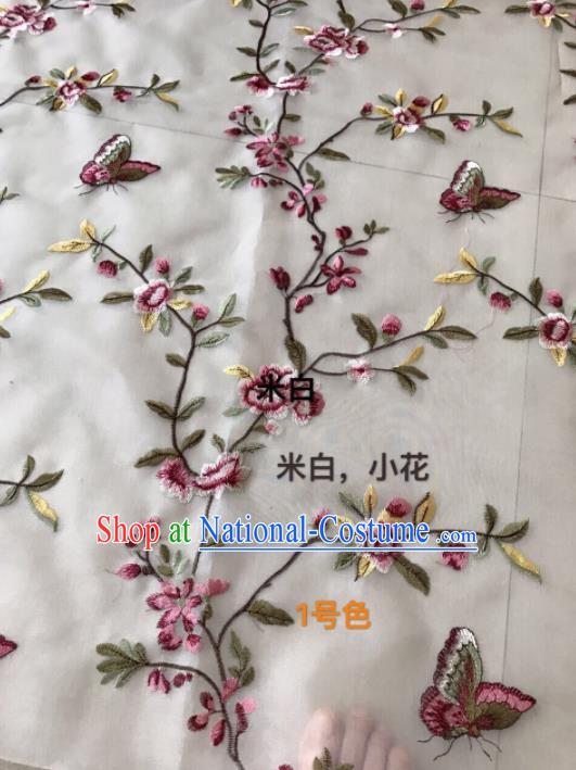 Asian Chinese Embroidered Peach Flowers Pattern White Silk Fabric Material Traditional Cheongsam Brocade Fabric