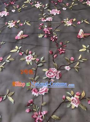 Asian Chinese Embroidered Peach Flowers Pattern Black Silk Fabric Material Traditional Cheongsam Brocade Fabric