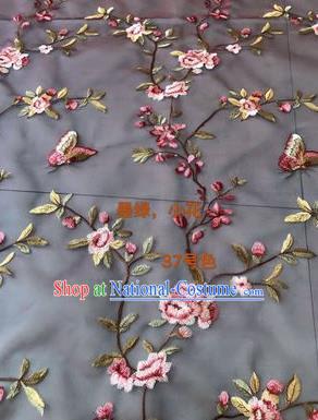 Asian Chinese Embroidered Peach Flowers Pattern Navy Silk Fabric Material Traditional Cheongsam Brocade Fabric