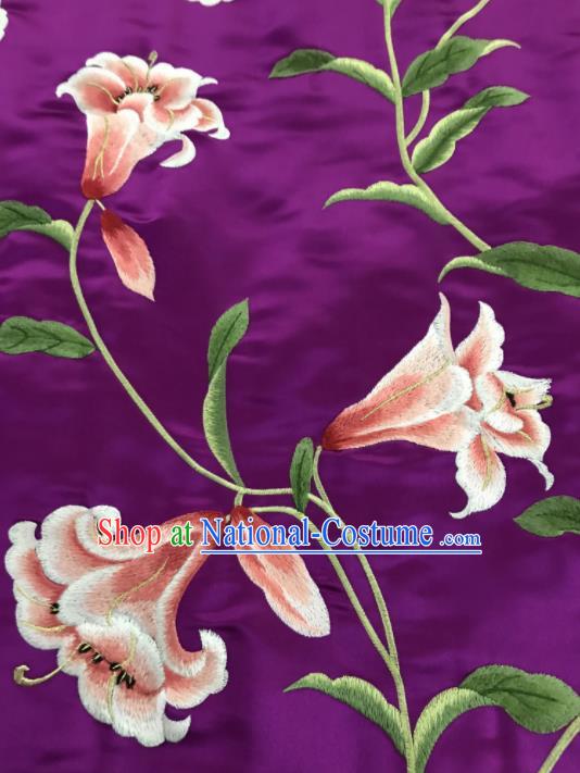 Asian Chinese Embroidered Lily Flowers Pattern Purple Silk Fabric Material Traditional Cheongsam Brocade Fabric