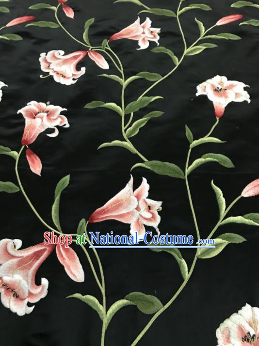 Asian Chinese Embroidered Lily Flowers Pattern Black Silk Fabric Material Traditional Cheongsam Brocade Fabric