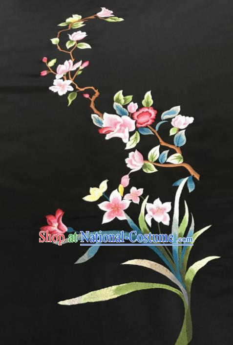 Asian Chinese Embroidered Orchid Pattern Black Silk Fabric Material Traditional Cheongsam Brocade Fabric