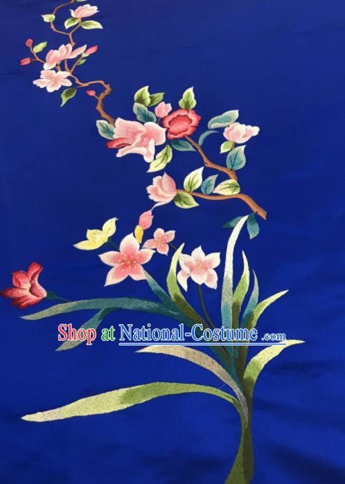 Asian Chinese Embroidered Orchid Pattern Royalblue Silk Fabric Material Traditional Cheongsam Brocade Fabric