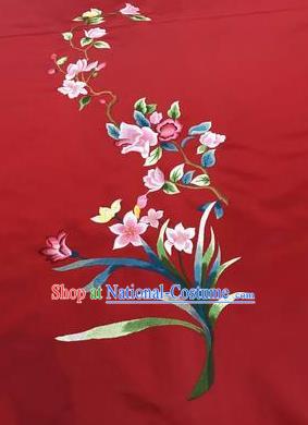 Asian Chinese Embroidered Orchid Pattern Red Silk Fabric Material Traditional Cheongsam Brocade Fabric