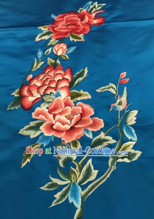 Asian Chinese Embroidered Peony Pattern Blue Silk Fabric Material Traditional Cheongsam Brocade Fabric